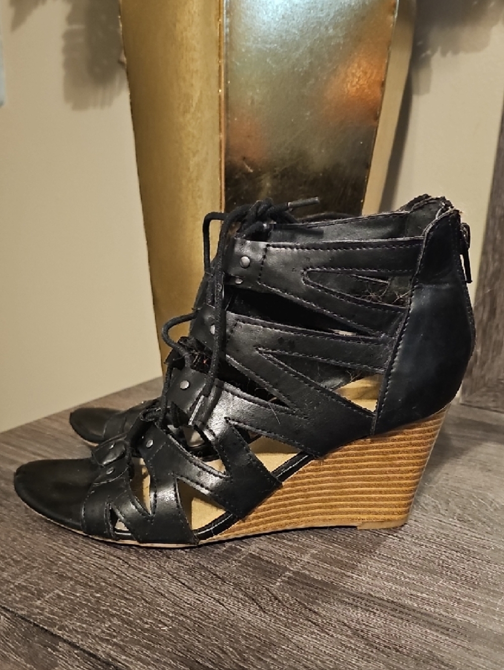 Black Lace-Up Wedge Sandals - Women - Picture 3 of 4